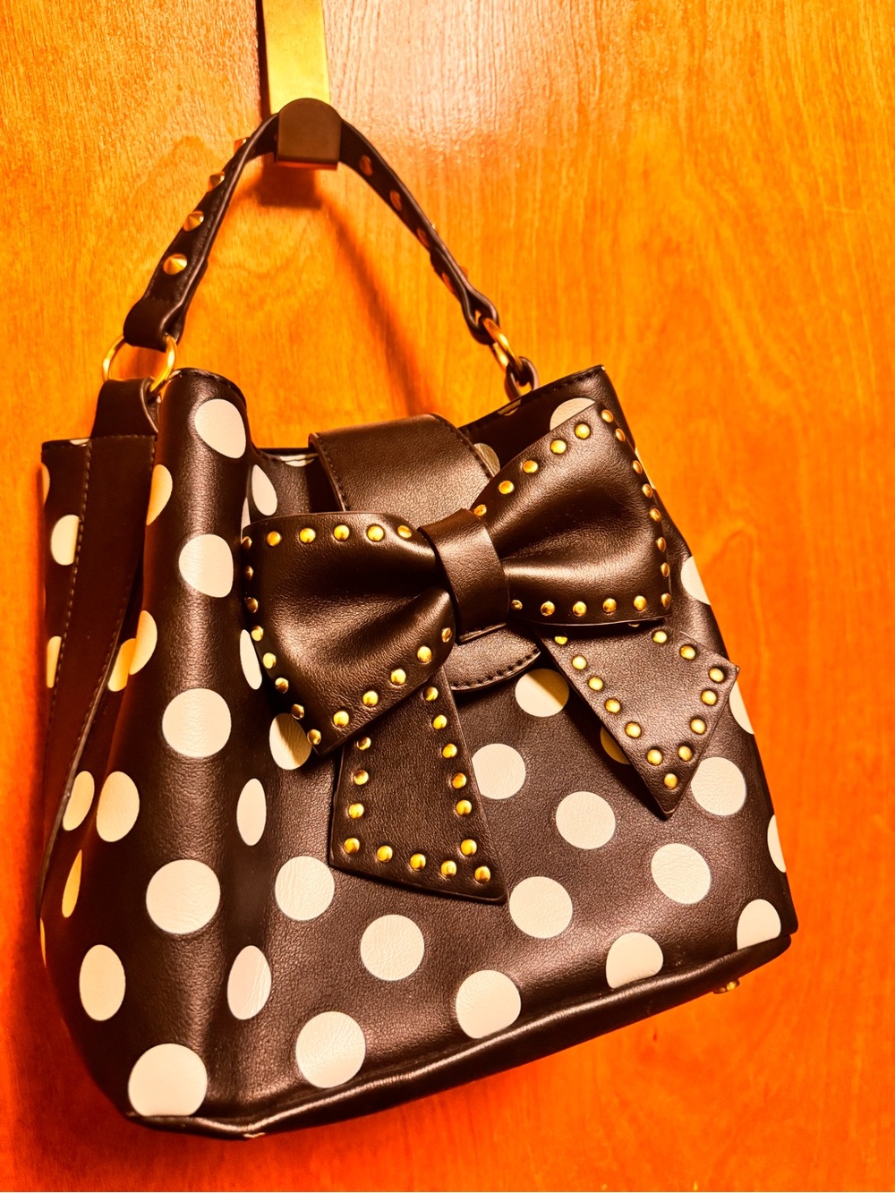 Black Polka Dot Bow Bucket Bag - Women's Shoulder Handbag - Picture 12 of 12
